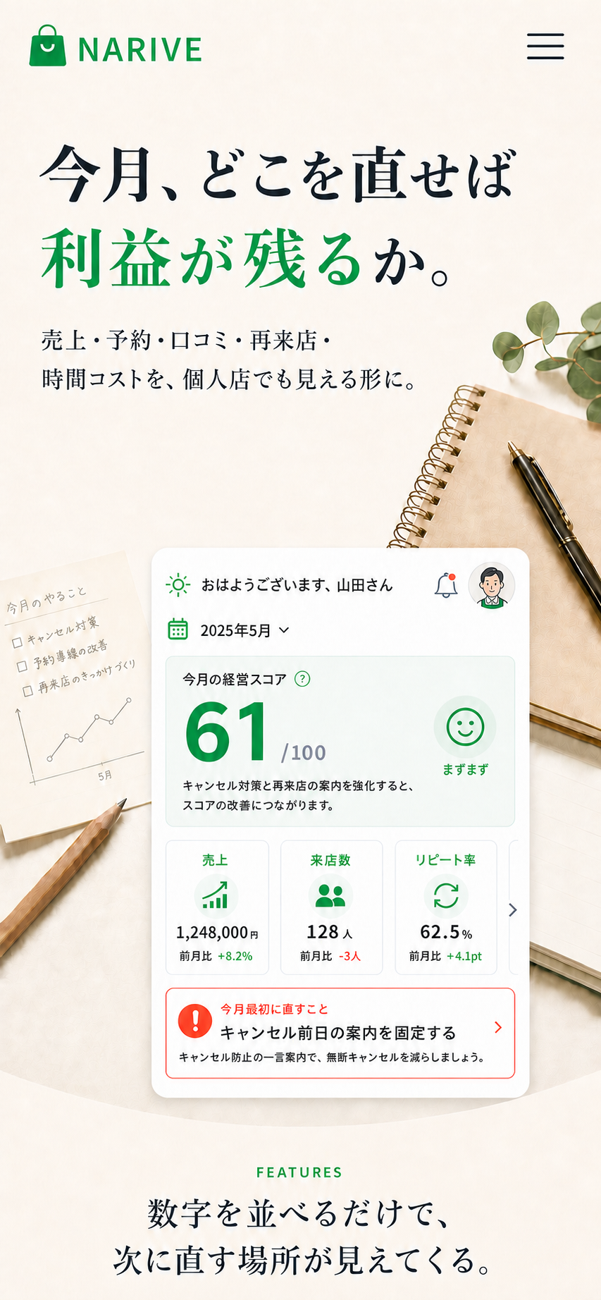 NARIVE。今月、どこを直せば利益が残るかを見える化するモバイル向けランディングページ。